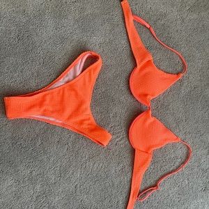 Bright neon orange bikini, high waisted